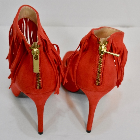 Women's Qupid Orange Red Fringe Ankle Strap Heels 8 - Picture 4 of 5